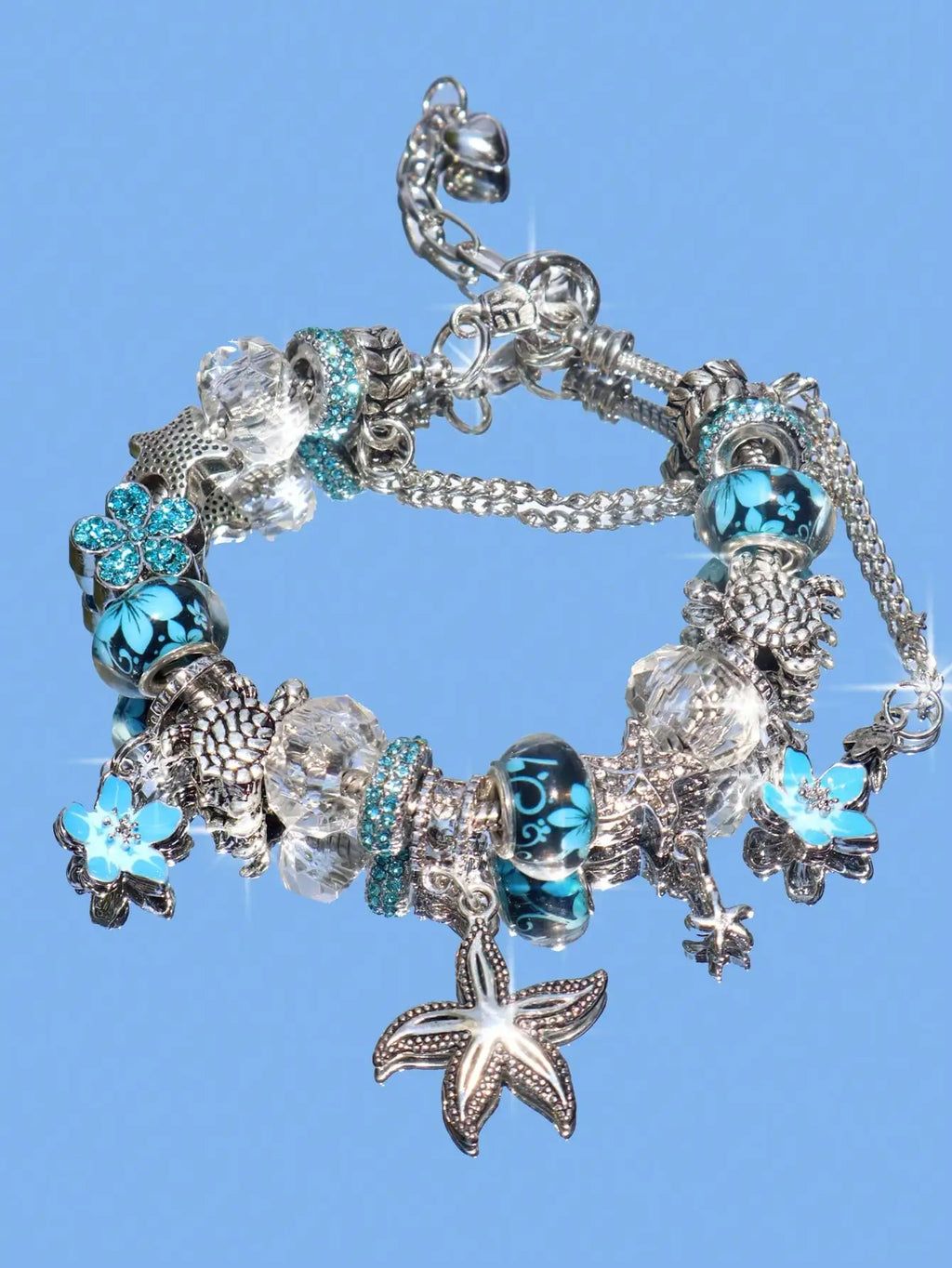 Gold-Tone Charm Bracelet with Pink Floral & Starfish Beads, Crystal Accents