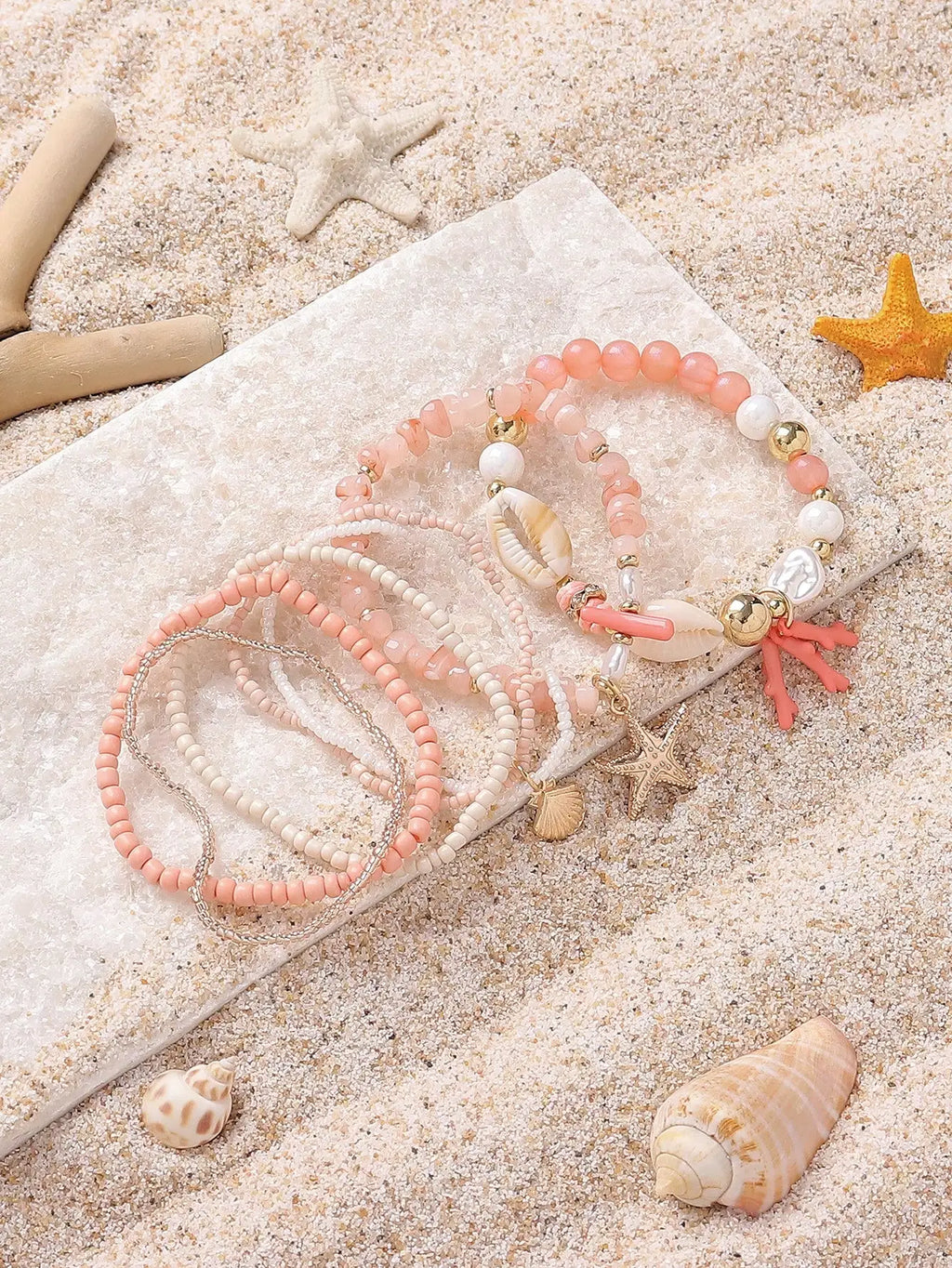 7-Piece Pink & Cream Beach-Style Elastic Bead Bracelet Set with Shell, Starfish & Coral Charms