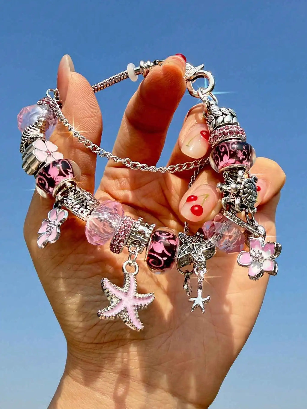 Gold-Tone Charm Bracelet with Pink Floral & Starfish Beads, Crystal Accents