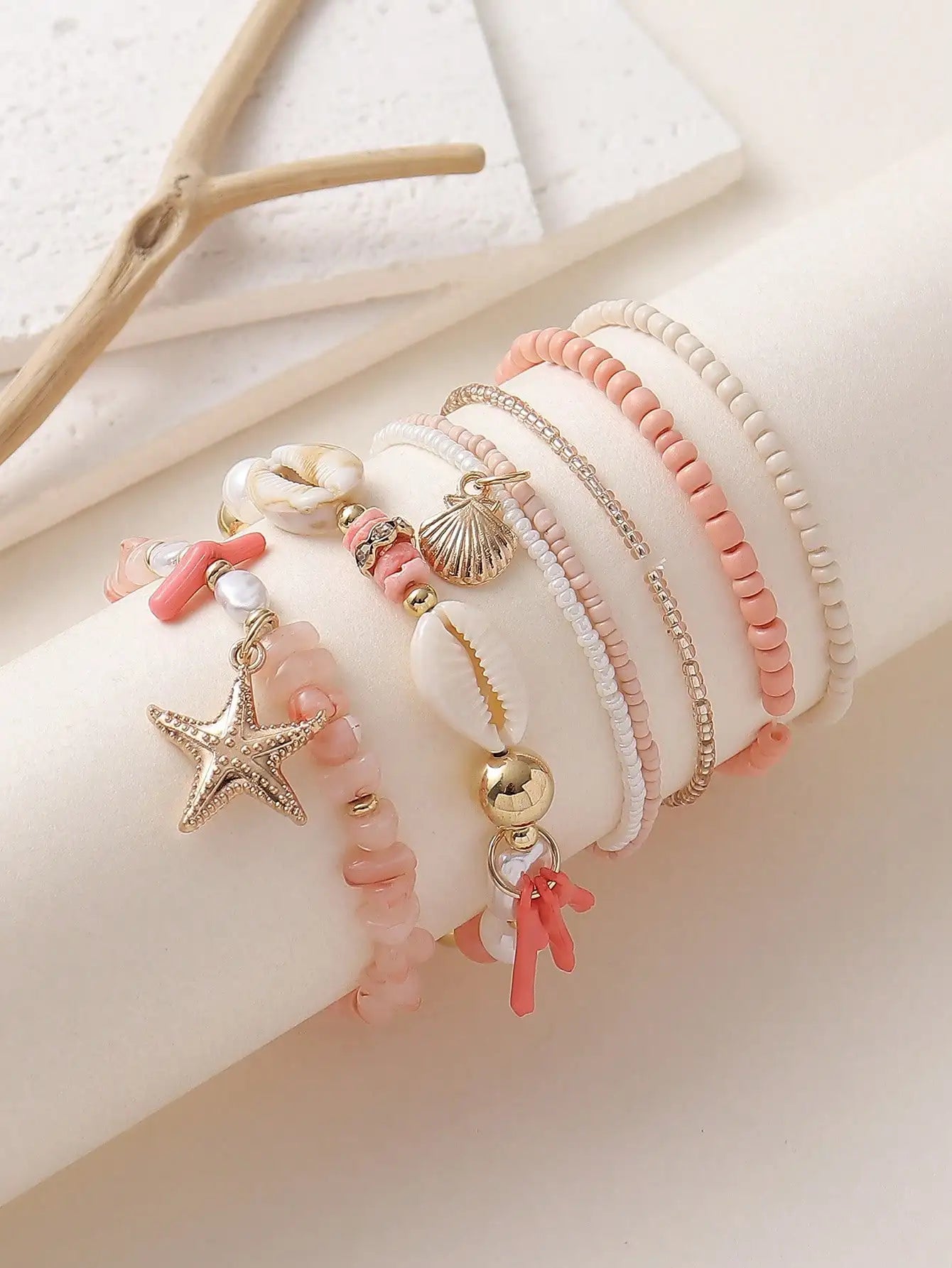 7-Piece Pink & Cream Beach-Style Elastic Bead Bracelet Set with Shell, Starfish & Coral Charms