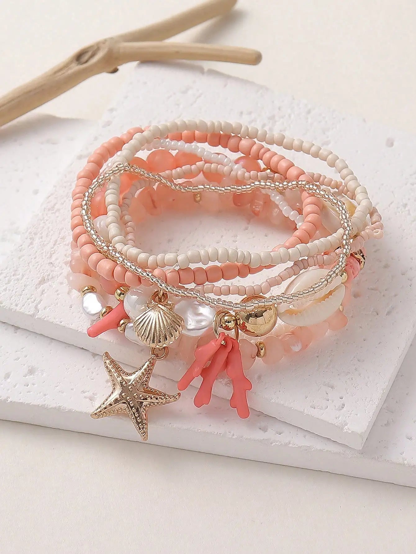7-Piece Pink & Cream Beach-Style Elastic Bead Bracelet Set with Shell, Starfish & Coral Charms