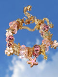 Gold-Tone Charm Bracelet with Pink Floral & Starfish Beads, Crystal Accents