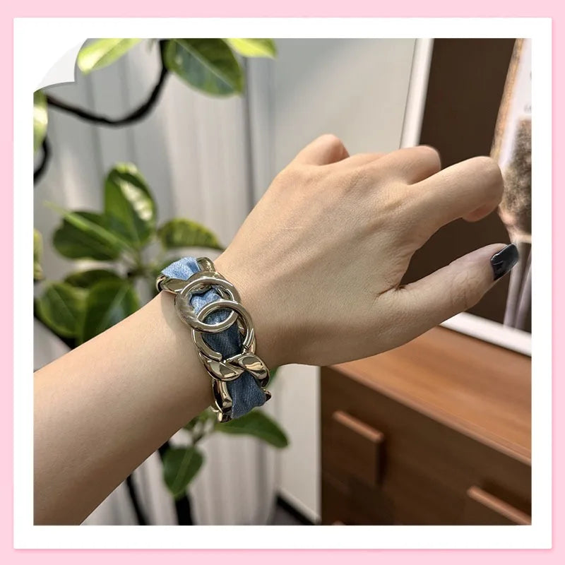 New Denim Metal Chain Wide Bracelet, A Combination of Retro and Fashion, Daily Fashion Wearing Open Bracelet Women