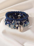 4-Piece Layered Blue Beaded Bracelet Set with Butterfly & Shell Charms